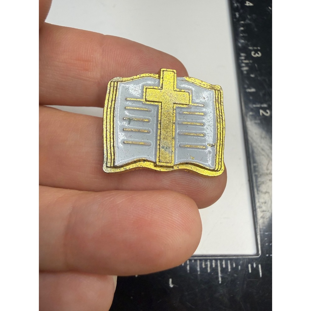 Vintage Holy Bible Lapel Pin Gold Tone White Enamel Cross Religious Accessory
